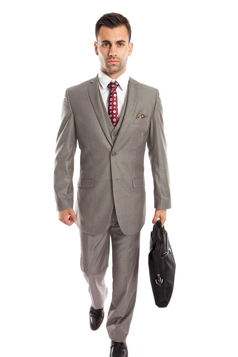 "Grey Slim Fit Men's Wedding Suit - Two Button Basic Vested"