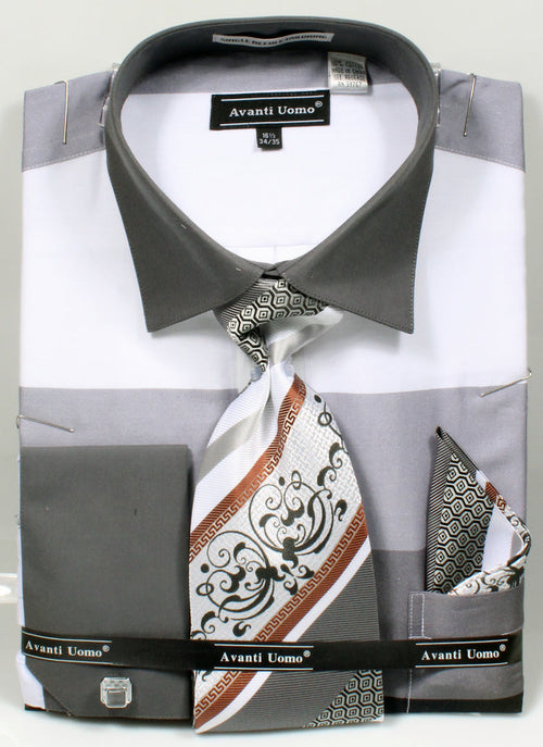"Men's Black Stripe French Cuff Dress Shirt Set with Tie & Hanky"