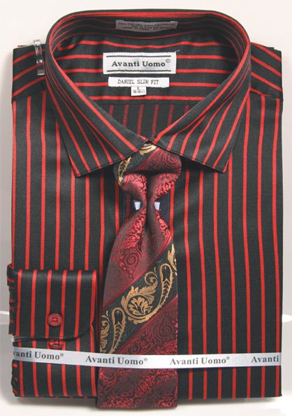 "Men's Slim Fit Pinstripe Dress Shirt & Tie Set - Bold Black & Red" - S