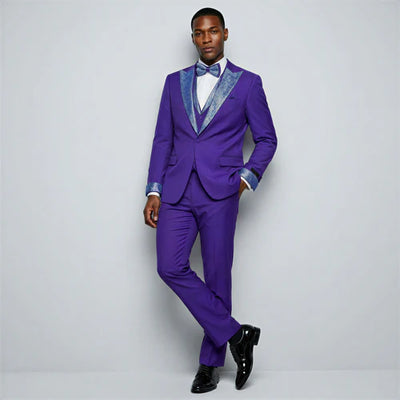 Mardi Gras Tuxedo Suit Purple Peak Lapel Tuxedo with Stones 4 Piece Set