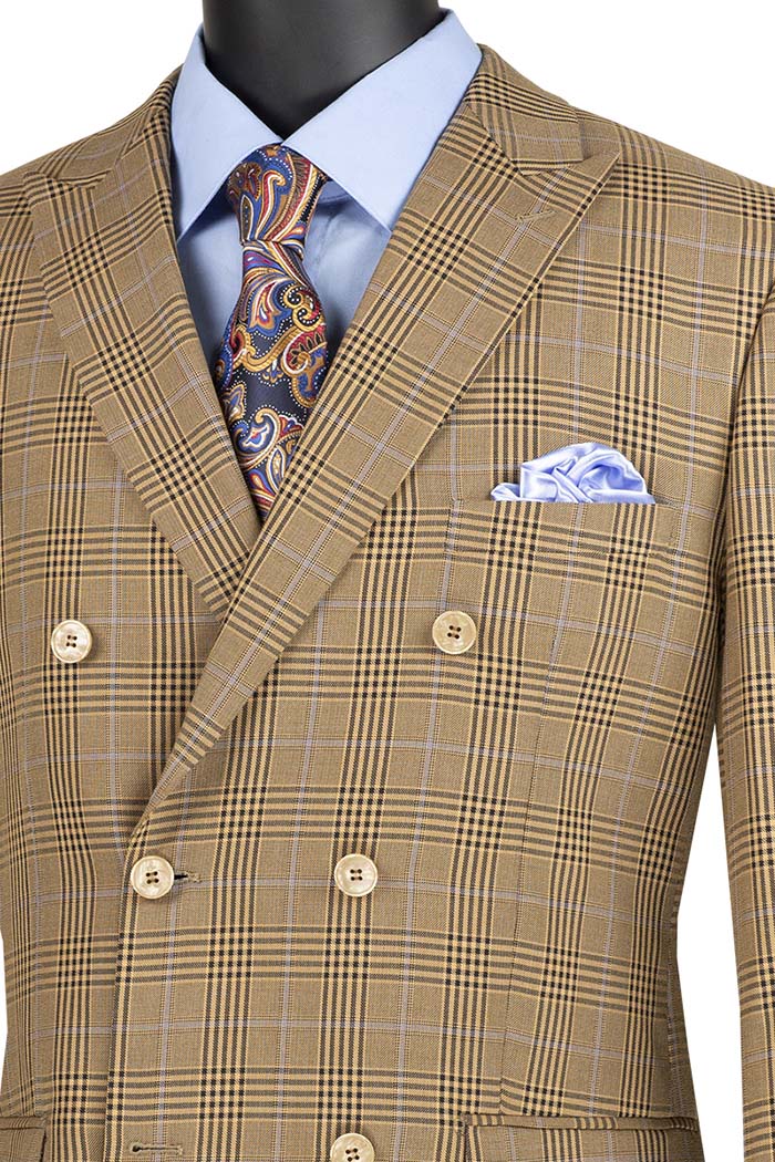 Alexander Collection - Mocha Double Breasted 2 Piece Suit Regular Fit Tone on Tone Windowpane - Mocha