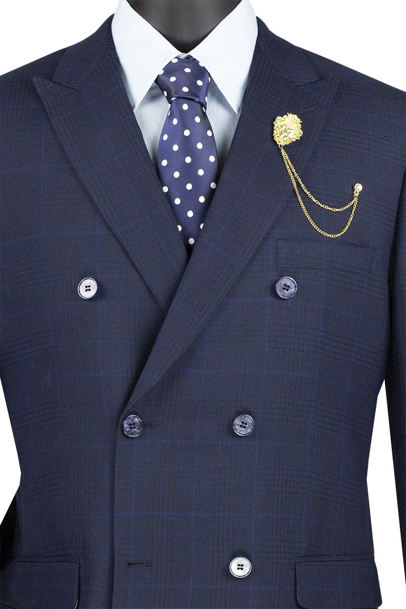 Alexander Collection - Navy Double Breasted 2 Piece Suit Regular Fit Tone on Tone Windowpane - Navy