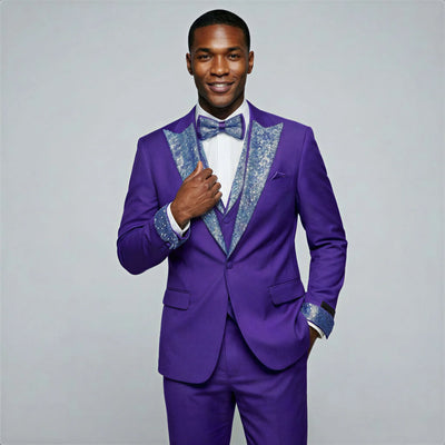 Mardi Gras Tuxedo Suit Purple Peak Lapel Tuxedo with Stones 4 Piece Set