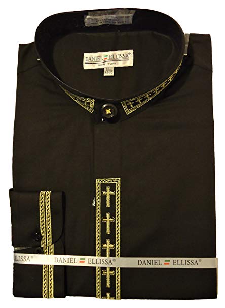 Men's Clergy Shirt - Cross Embroidered Banded Collar in Black & Gold\