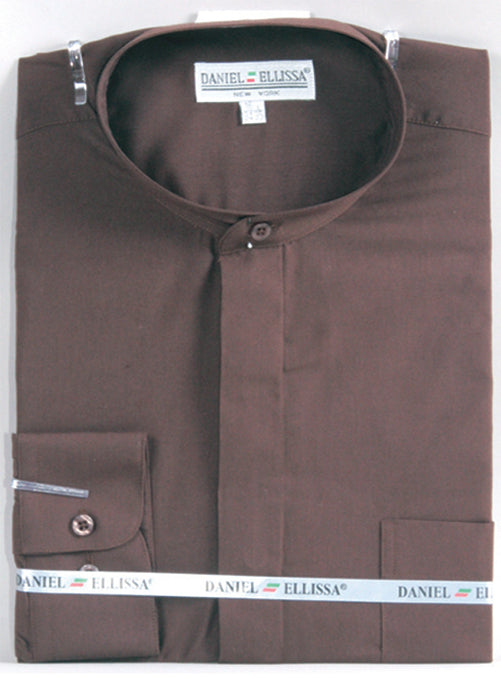 "Men's Dark Brown Classic Banded Collar French Front Dress Shirt" - 14½ 32/33