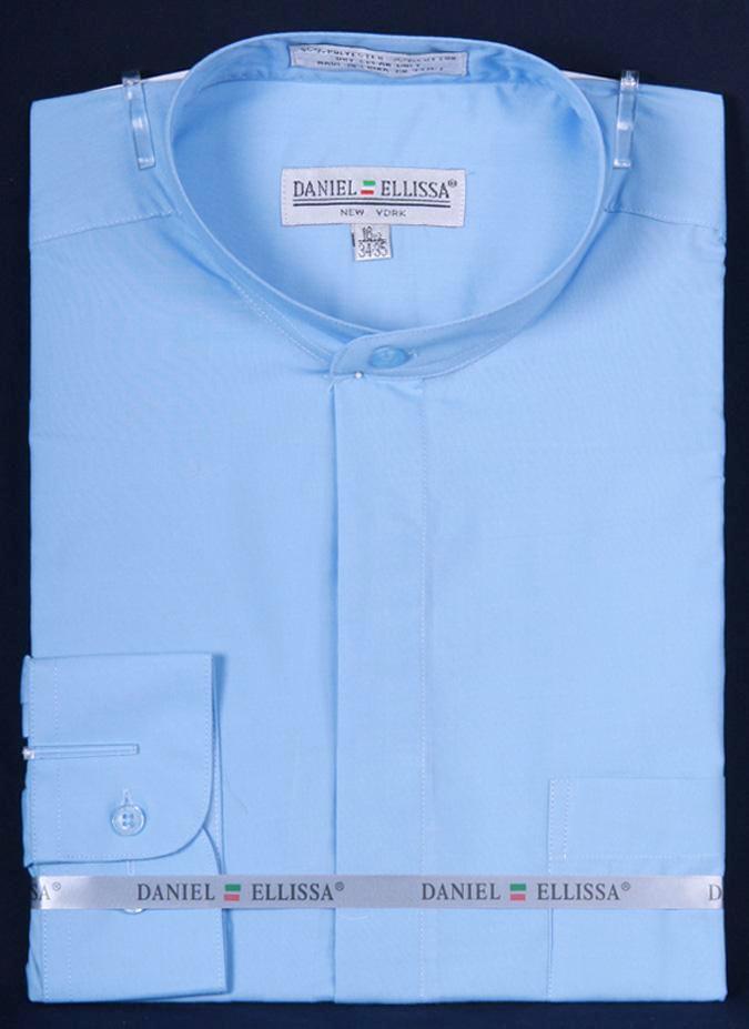 "Light Blue Men's Classic Banded Collar French Dress Shirt"