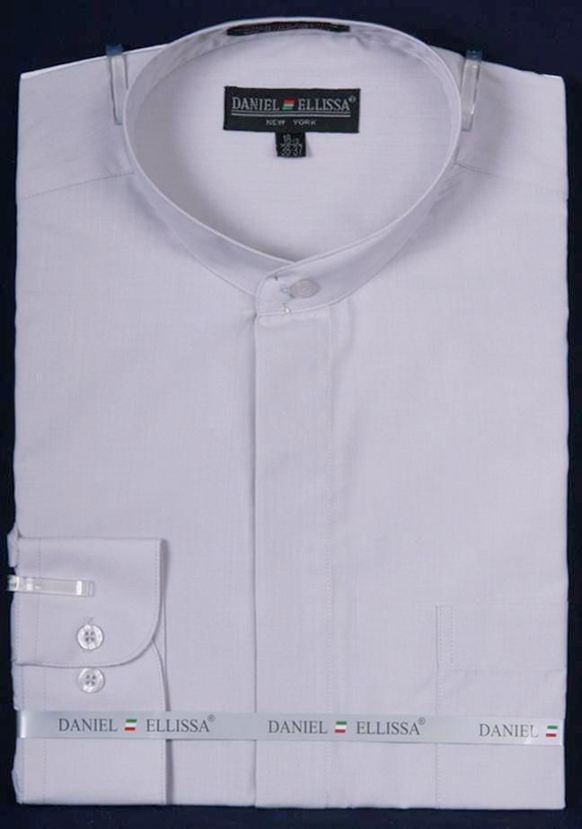 "Silver Grey Men's Classic French Front Dress Shirt with Banded Collar"