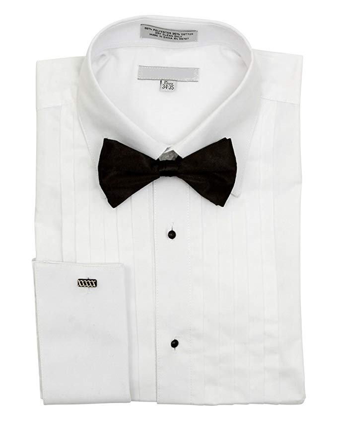 "Men's White Tuxedo Shirt Set - Regular Fit, Point Collar, Half-Inch Pleat & Bowtie"