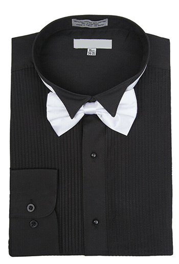 "Black Tuxedo Shirt & Bowtie Set - Men's Regular Fit Wing Collar Mini Pleat" - 14½ 32/33