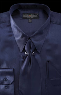 "Navy Blue Men's Satin Dress Shirt Set - Regular Fit with Tie & Pocket Square"