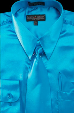 "Turquoise Satin Dress Shirt Set for Men - Regular Fit with Tie & Pocket Square"