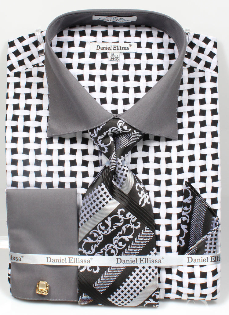 "Men's Lattice Pattern Dress Shirt Set - Contrast Collar, French Cuff, Black & White"