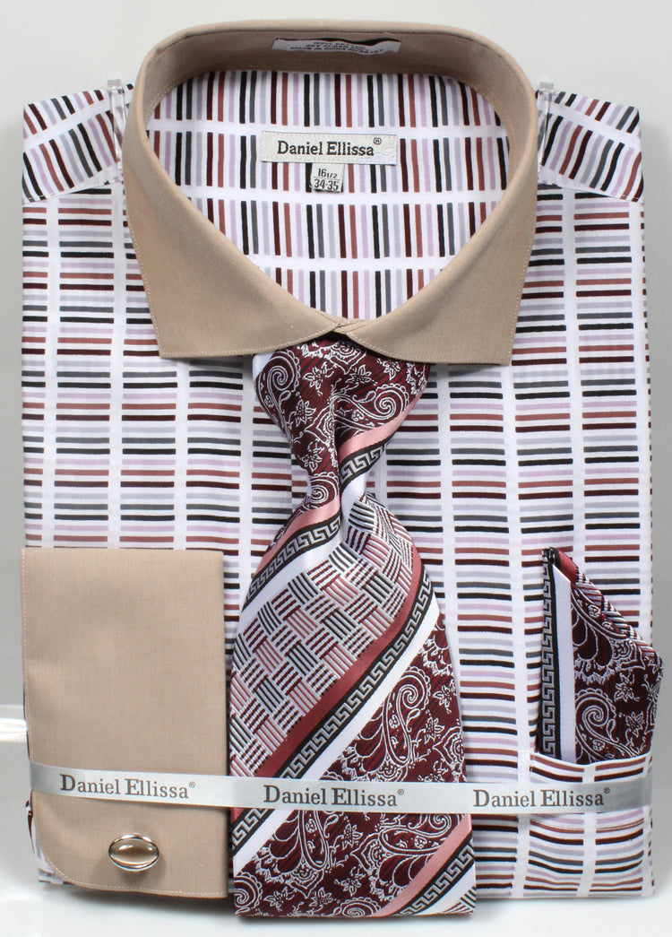 "Beige Men's Stripe Dress Shirt & Tie Set - Wide Spread Collar, Contrast Cuff"