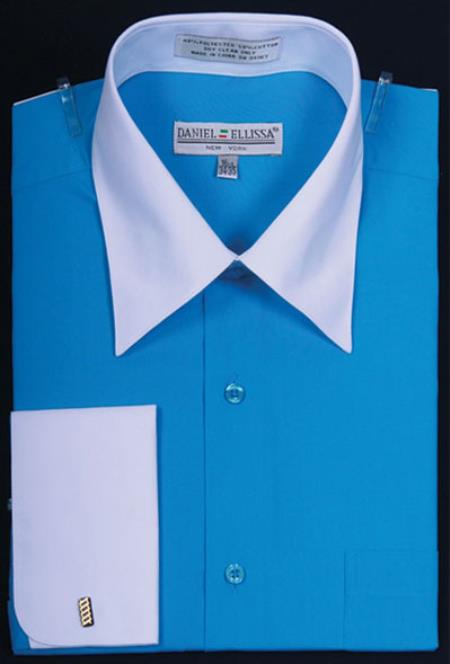 Affordable Clearance Cheap Mens Dress Shirt Sale Online Trendy - Mens Turquoise Dress Shirt Turquoise Bright Two Tone Solid French Cuff Shirt - Small 14.5" Neck / 32-33" Sleeve