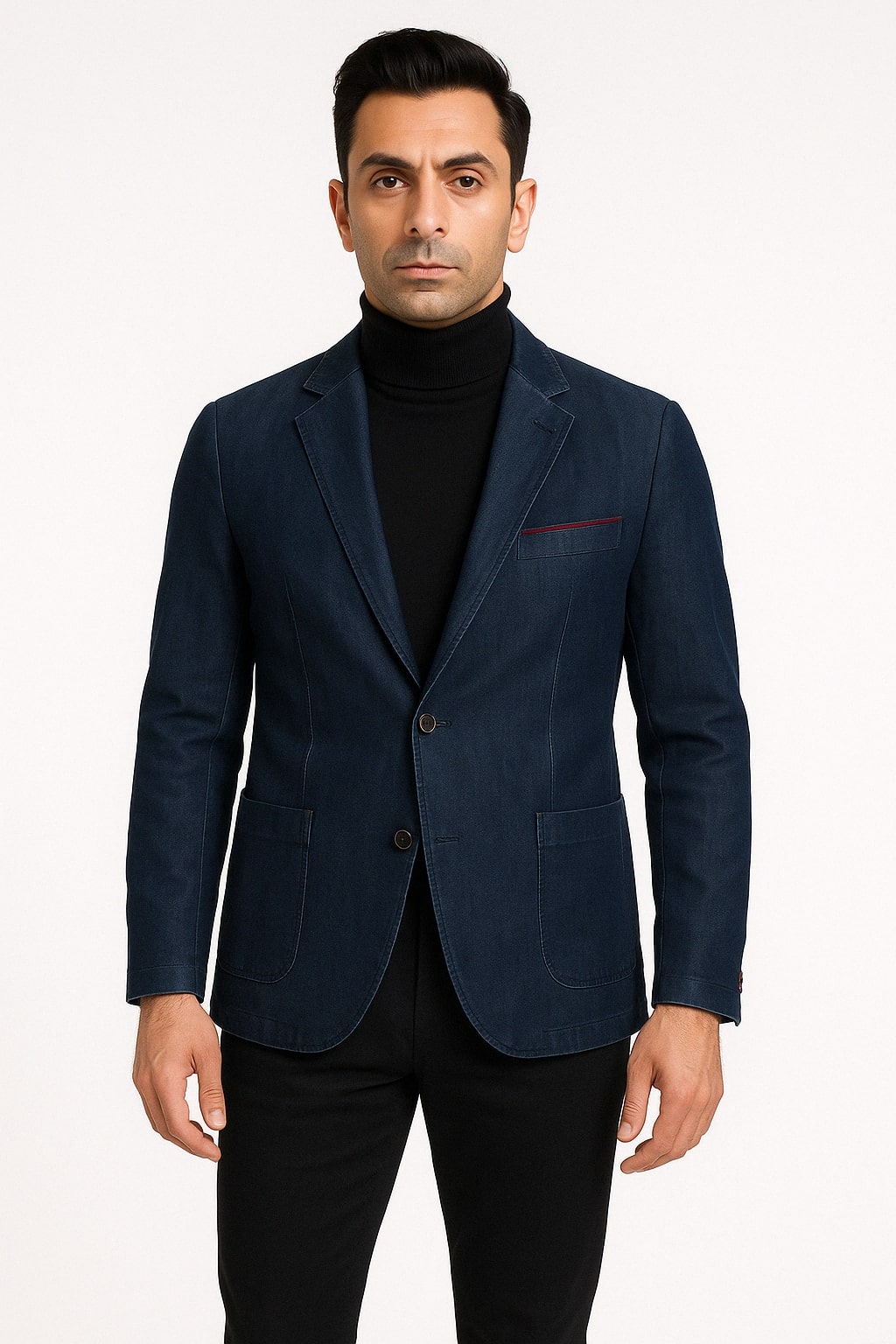 Mens Dark Blue Denim Casual Blazer with Notch Lapel and Single Button Closure - 36 Short