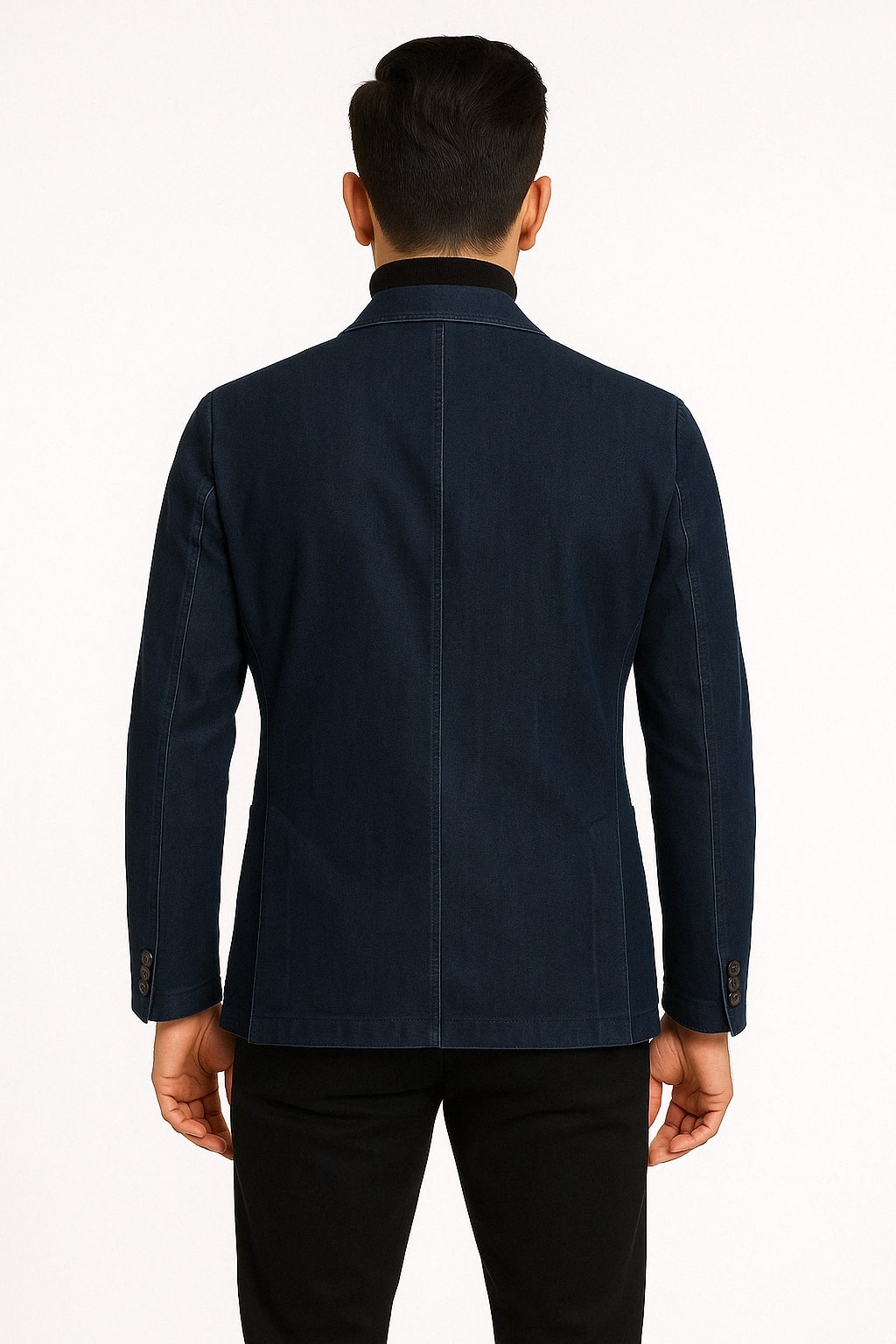 Mens Dark Blue Denim Casual Blazer with Notch Lapel and Single Button Closure - 36 Short