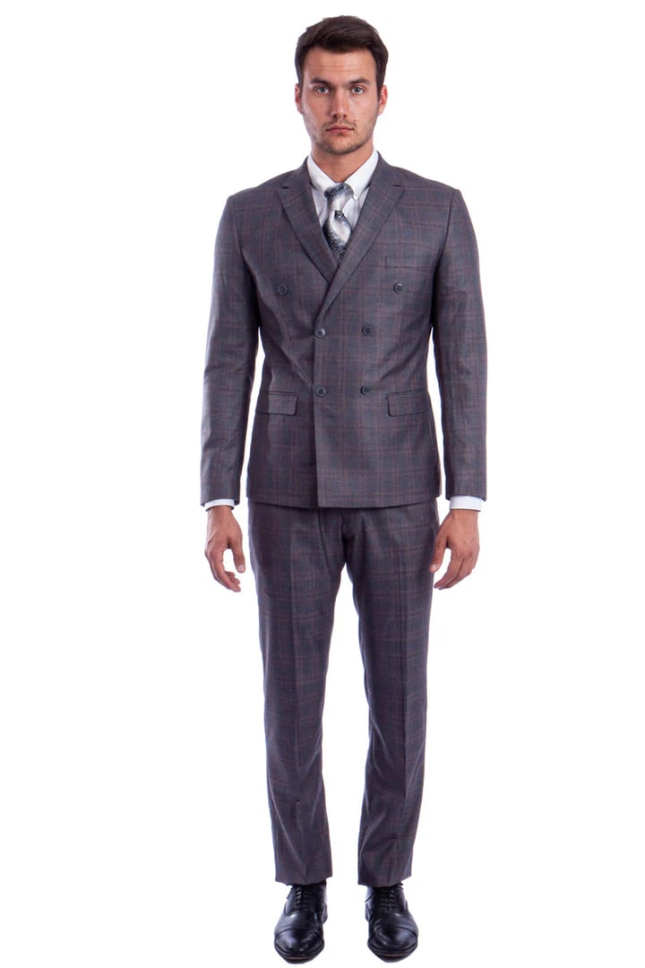 Cheap Suit - Men's Slim Fit Double Breasted Glen Plaid Dark Grey Suit - 38 Short Jacket+32 Waist Adjustable 28to34)(Height: 5 4 to5 7 )(Neck 15-16.5)S-M)