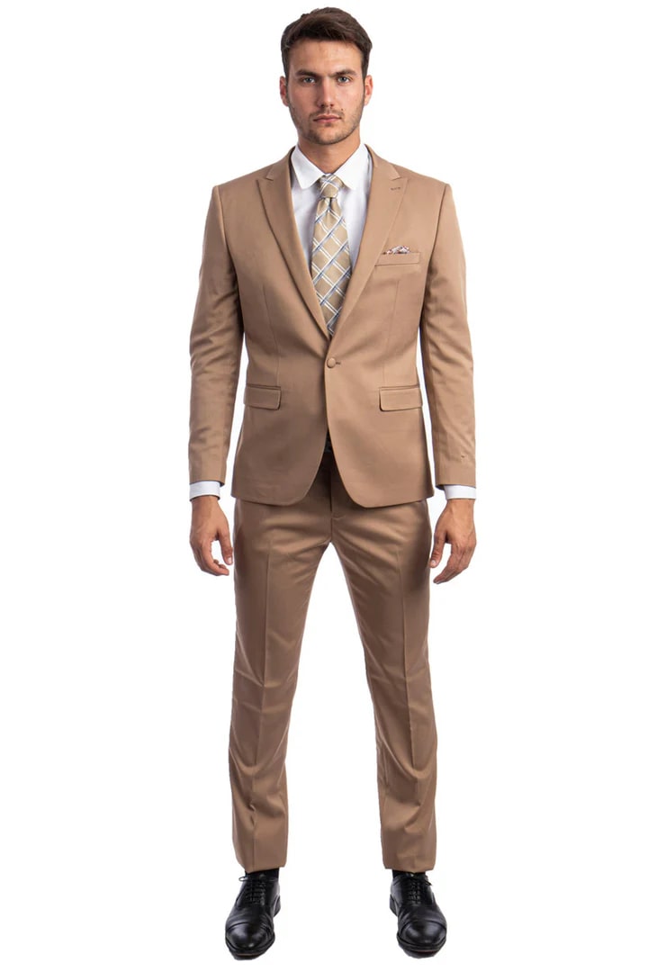 Cheap Suit - Men's One Button Peak Lapel Basic Slim Fit Dark Taupe Suit - 38 Short Jacket+32 Waist Adjustable 28to34)(Height: 5 4 to5 7 )(Neck 15-16.5)S-M)