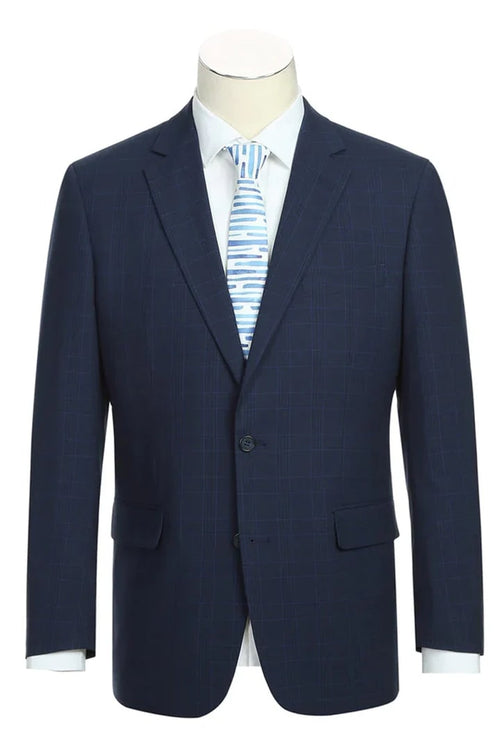 Cheap priced Suit Mens Classic Fit Two Button Dark Blue Suit Windowpane Plaid Check