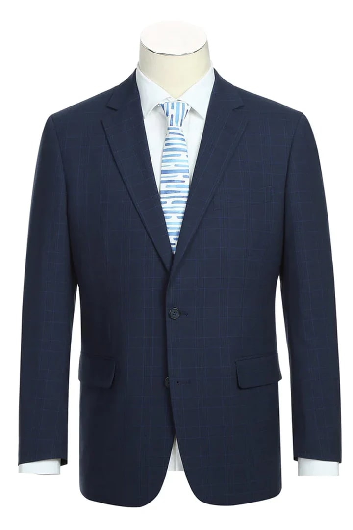 Cheap priced Suit Mens Classic Fit Two Button Dark Blue Suit Windowpane Plaid Check