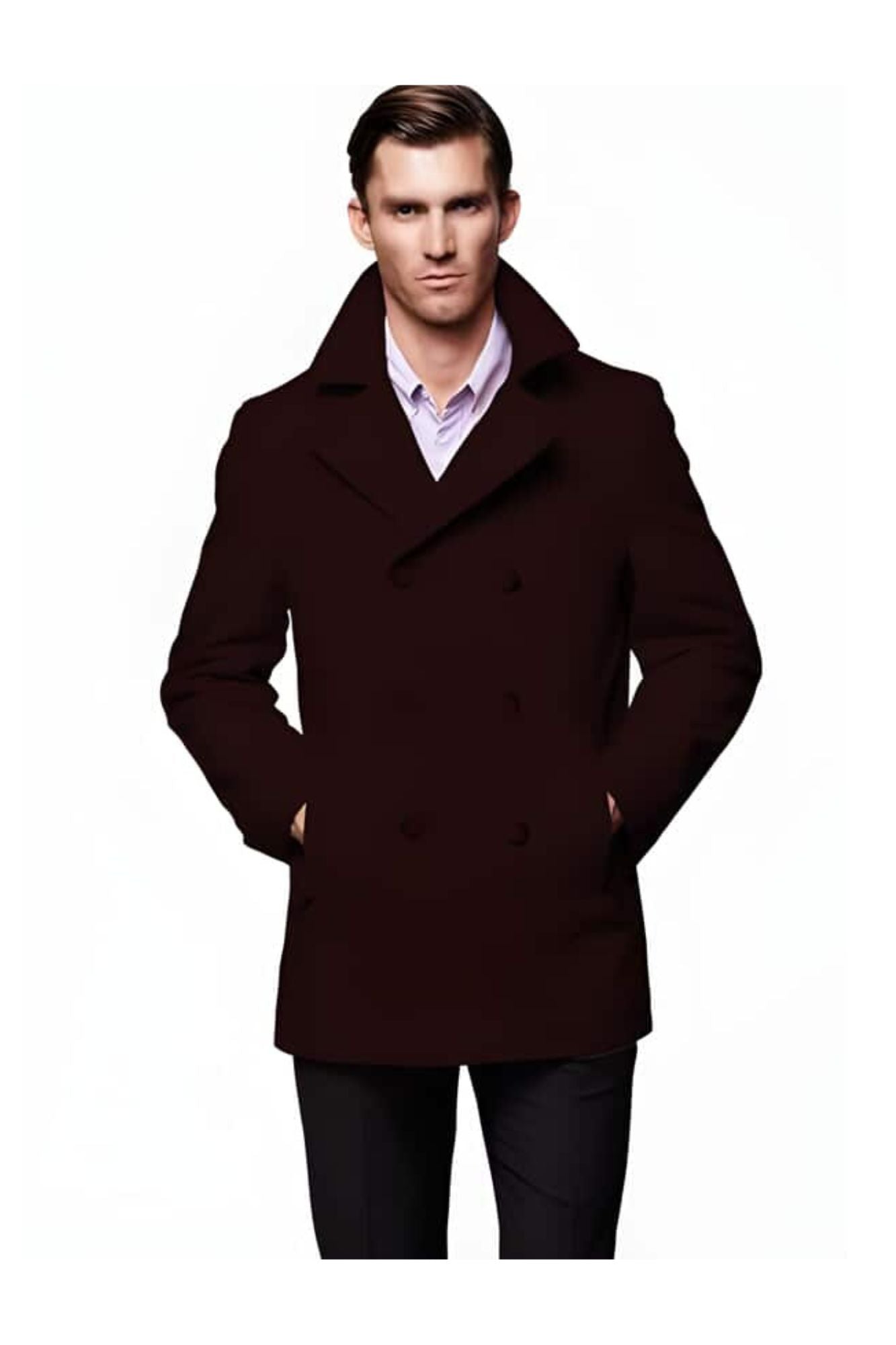 men's Designer Wool Peacoat Sale Fabric Double Breasted Style Coat Dark Brown - Coat Size 38