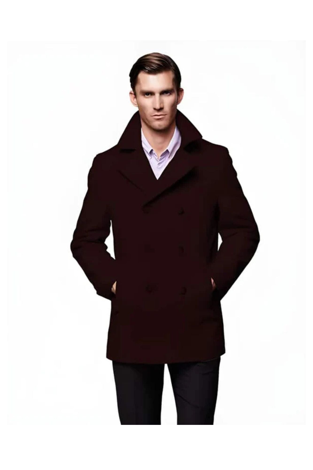 Men's Designer Wool Peacoat Sale Available Fabric Double Breasted Style Coat In Dark Burgundy - Coat Size 38