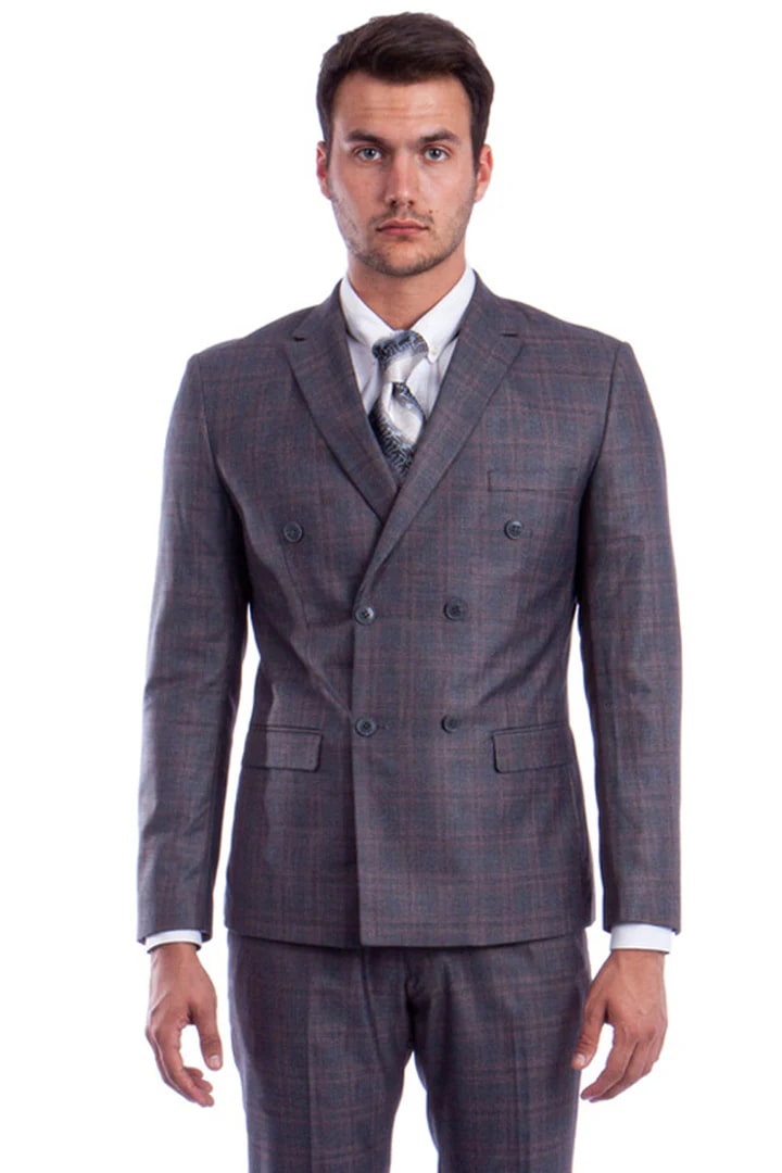 Cheap Suit - Men's Slim Fit Double Breasted Glen Plaid Dark Grey Suit - 38 Short Jacket+32 Waist Adjustable 28to34)(Height: 5 4 to5 7 )(Neck 15-16.5)S-M)
