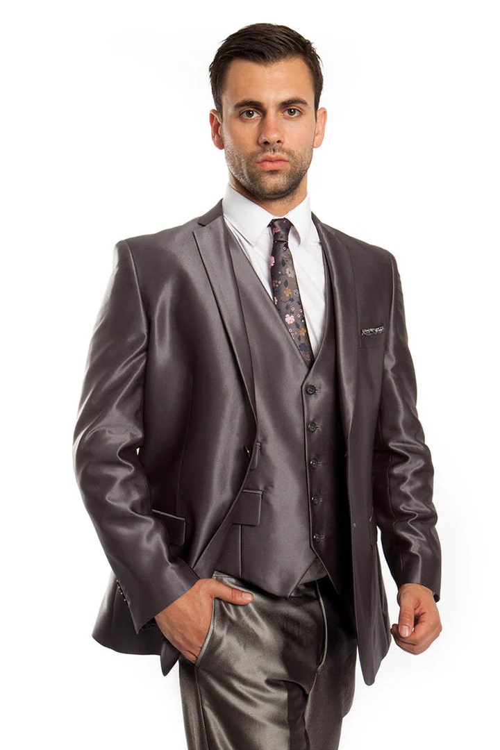 Cheap Priced Suit - Men's Two Button Vested Shiny Sharkskin Wedding & Prom 2025 Fashion Dark Grey Suit