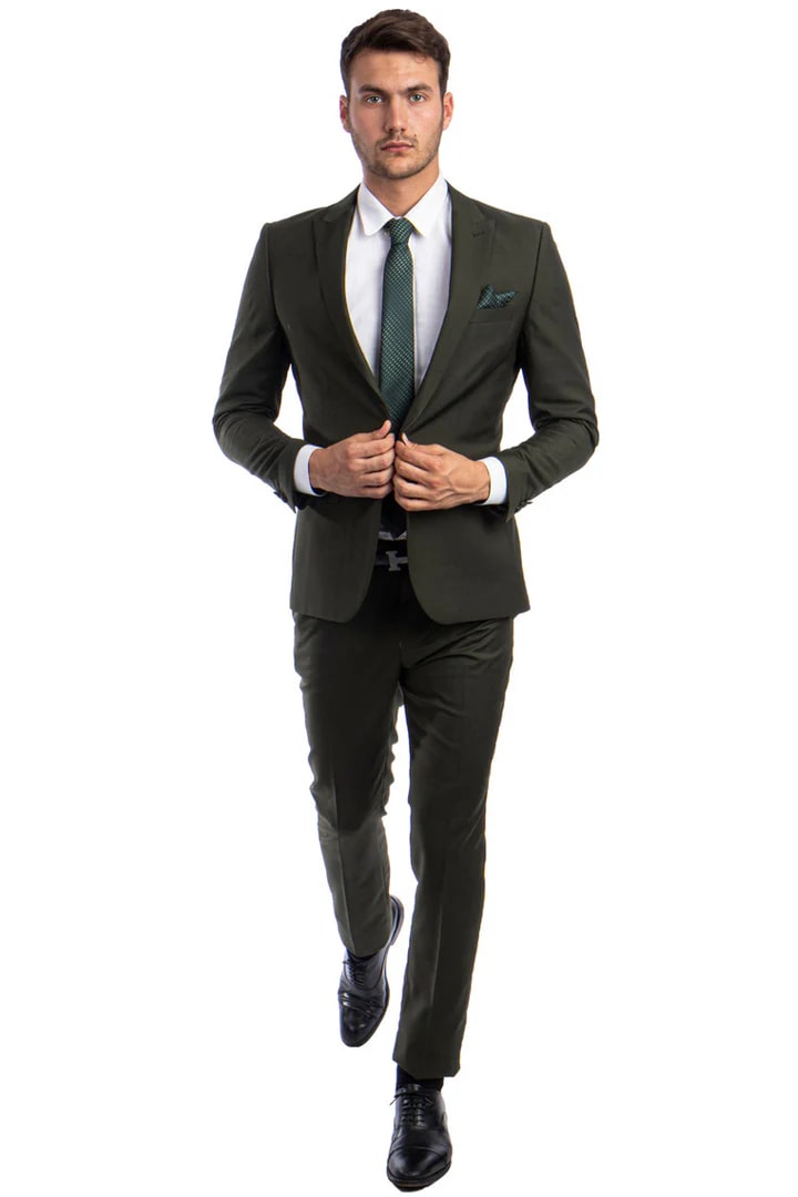 Cheap Priced Suit- Men's One Button Peak Lapel Basic Slim Fit Dark Olive Green Suit - 38 Short Jacket+32 Waist Adjustable 28to34)(Height: 5 4 to5 7 )(Neck 15-16.5)S-M)