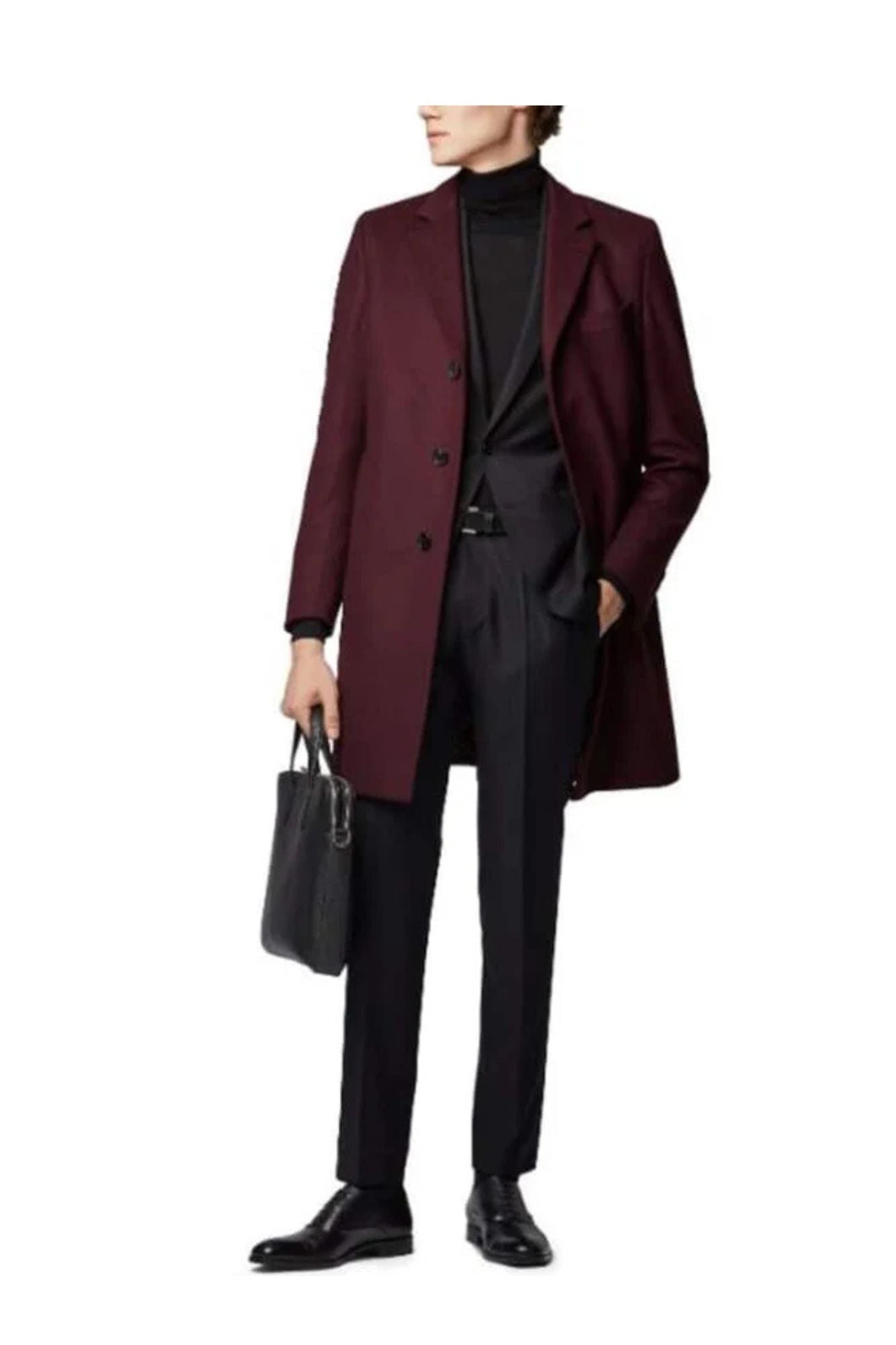 Long men's Dress Topcoat - Winter coat 100% Cashmere Fabric Standard Length Long Dress Formal Dark Red Coat - Coat Size 38