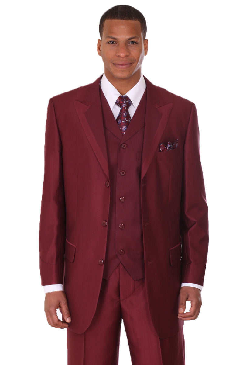 "Burgundy Sharkskin Suit: Men's 3-Button Vested with Wide Peak Lapel"