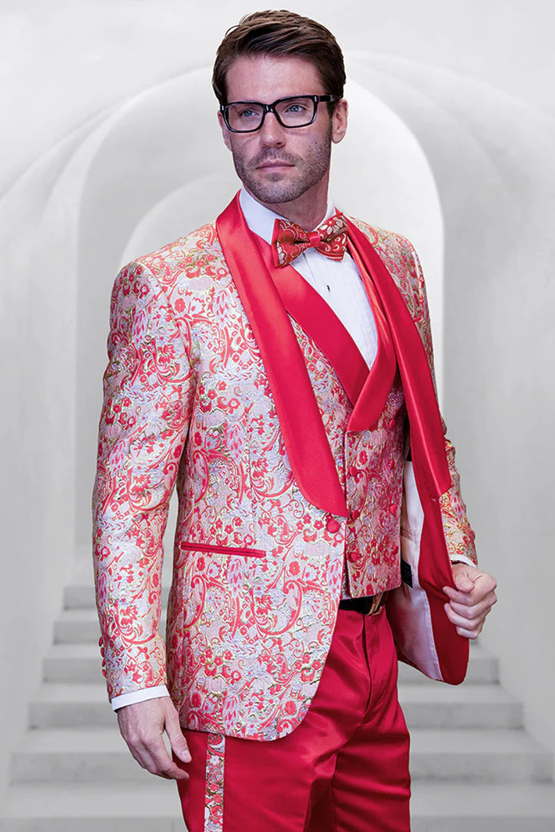 Coral Orange Men's Shiny Paisley Wedding Tuxedo with Double Breasted Vest & Satin Pants - 38 Short
