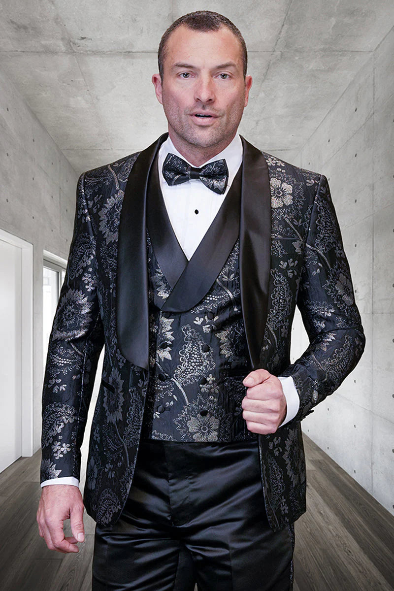 Men's black paisley lace print vested tuxedo for prom & wedding with satin lapel and bowtie - 36 Short