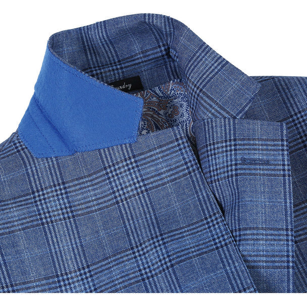 Designer Brand - Wool Stretch Single Breasted Slim Fit Denim Blue Glen Check - Coat Size 38