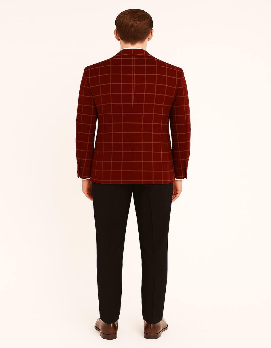 Men's Red Velvet Plaid Blazer with Satin Lapel – Designer Tartan Suit Jacket for Holidays and Events - 38 Short