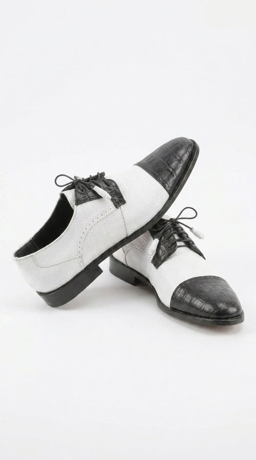 Los Altos Men’s Black and White Genuine Teju Lizard and Caiman Lace-Up Dress Shoes