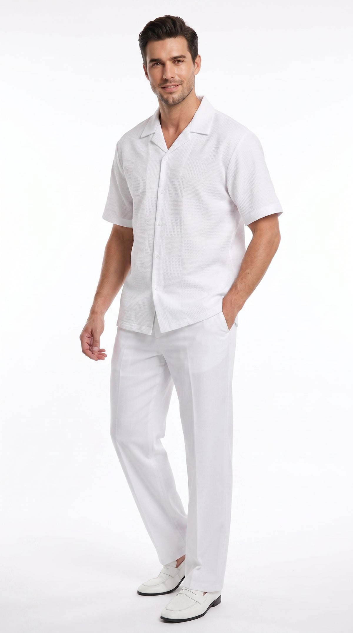 Men’s White Walking Suit, Casual Short Sleeve Shirt and Pants Summer Set