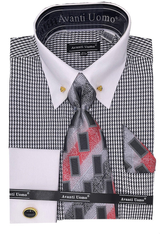 Houndstooth Men's Dress Shirt Set - French Cuff, Contrast Collar