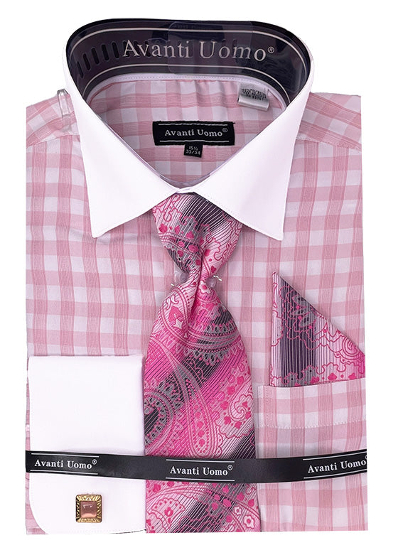 "Men's Pink Checkered Plaid Dress Shirt Set with Contrast Collar & French Cuffs" - 15½ 33/34