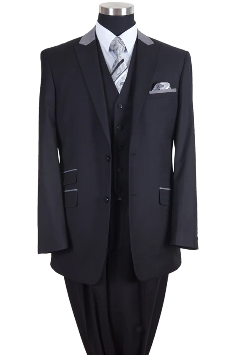 "Peak Lapel Men's Suit - 2 Button Vested with Contrast Collar in Black & Grey" - 38 Long