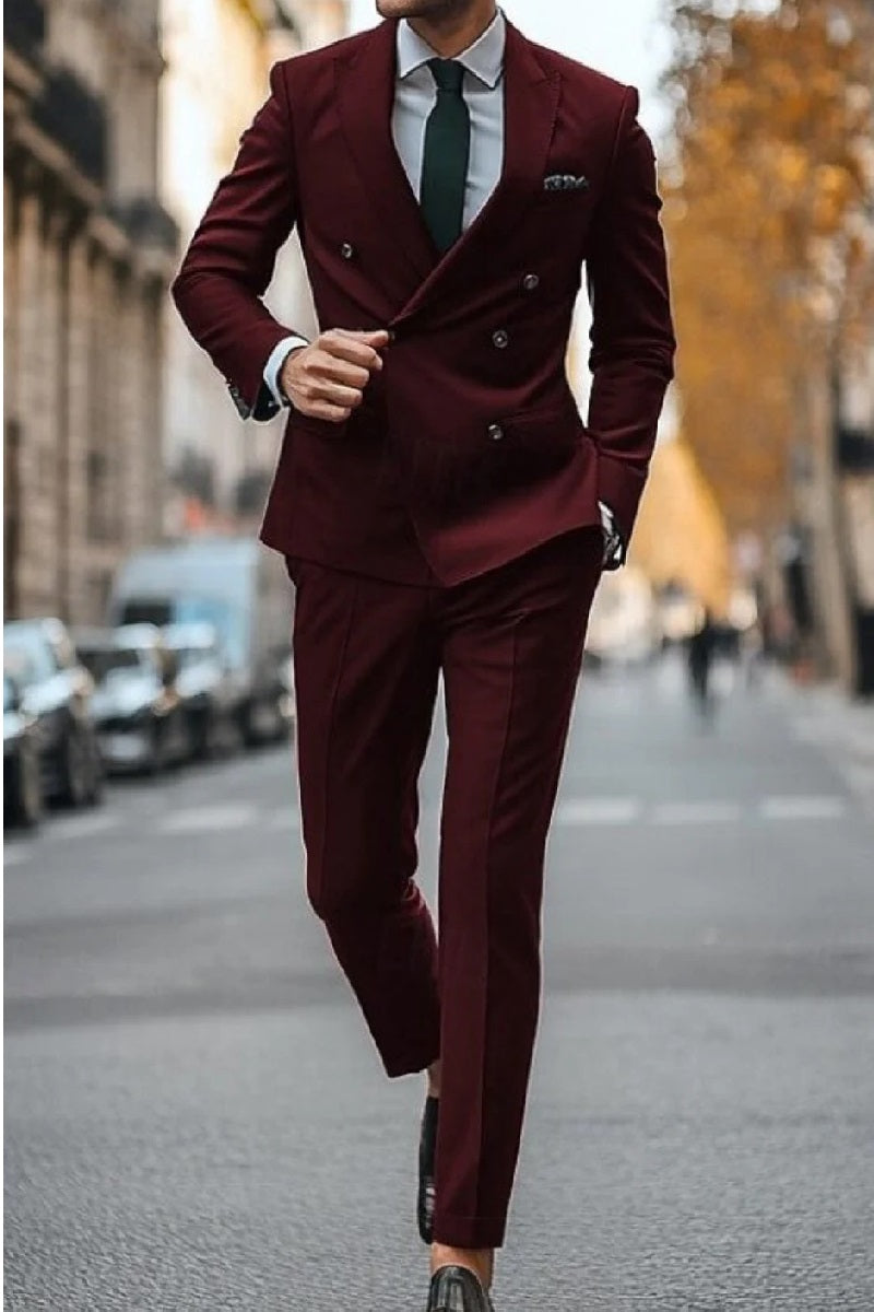 Slim Fit Double Breasted Suit Gold Buttons - Burgundy Suit - Designer Wool Suits - Coat Size 38