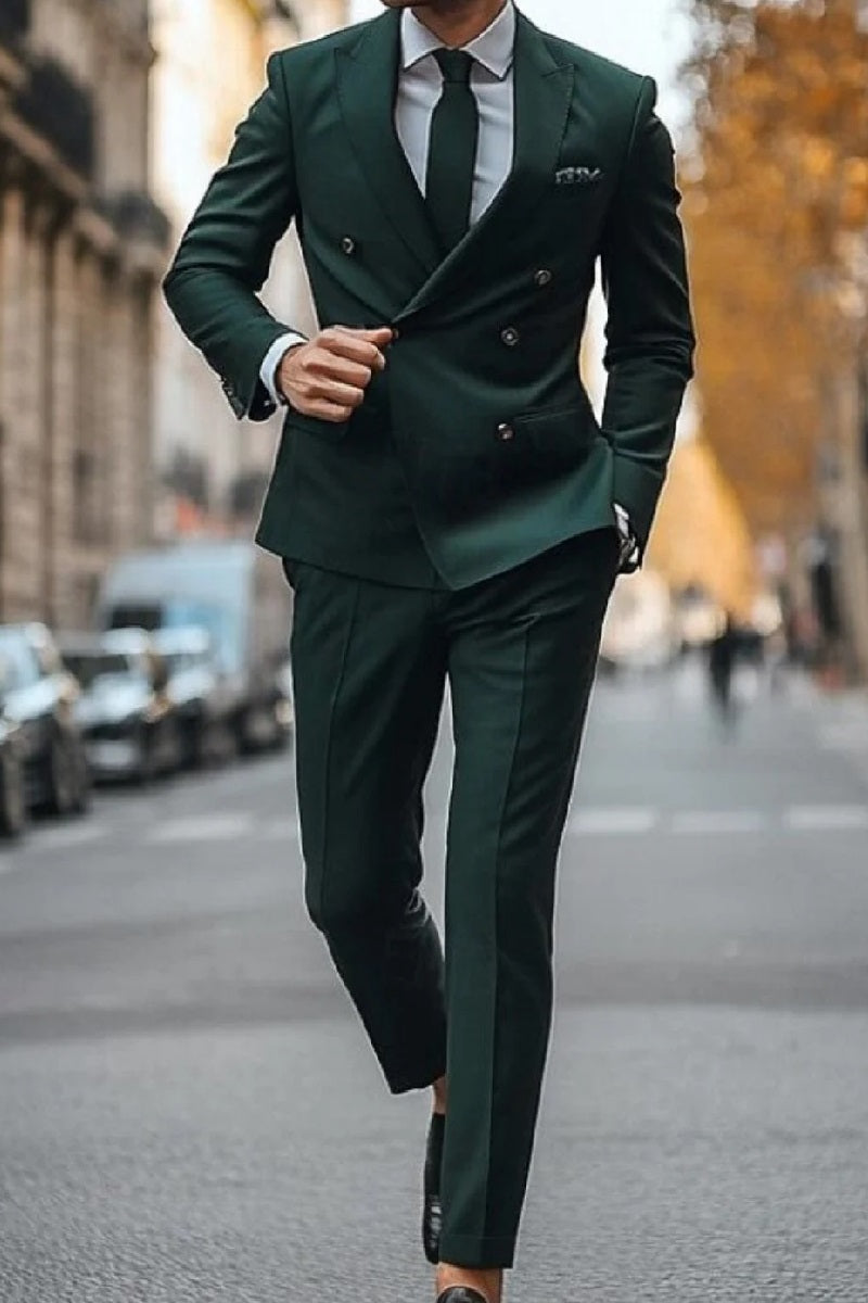 Slim Fit Double Breasted Suit Gold Buttons - Olive Suit - Designer Wool Suits green