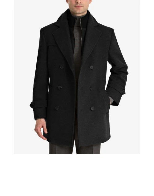 Double-Breasted Wool-Blend Peacoat with Knit Bib Inset black overcoat