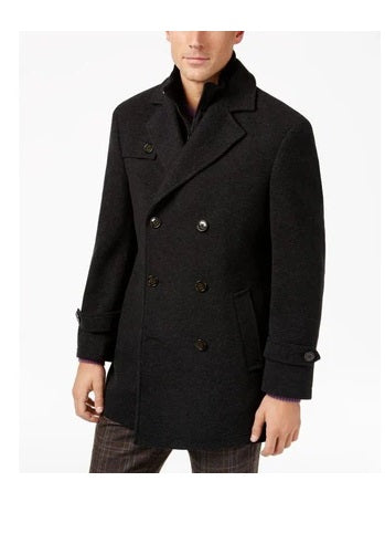Double-Breasted Wool-Blend Peacoat with Knit Bib Inset,charcoal overcoat Notched collar - Coat Size 38