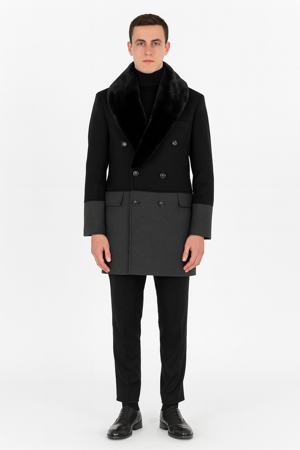 Mens Double-Breasted Wool Overcoat with Faux Fur Shawl Collar Classic Winter Dress Coat in Half Black and Charcoal