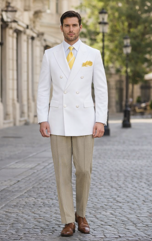 Classic Mens White Double Breasted Sport Coat | Elegant Formal Blazer Jacket