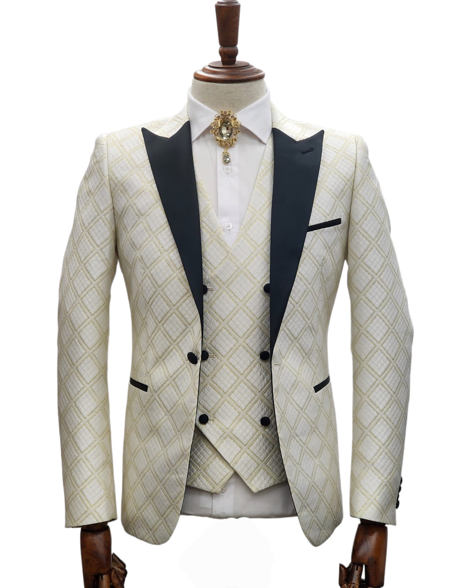 Ivory Tuxedo - Cream Wedding Suit - Off White Groom Peak Lapel Suit - 38 Short Jacket+32 Waist Adjustable 28to34)(Height: 5 4 to5 7 )(Neck 15-16.5)S-M)