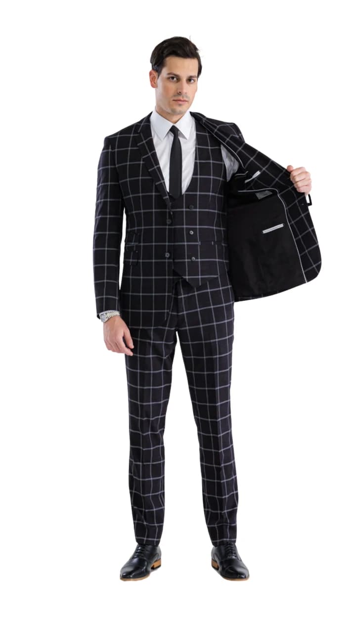 Copper Black Mens 2 Button Slim Notch Lapel Suit With Pick Stitching "U" Shaped Vest Double Breasted - 38 Short Jacket+32 Waist Adjustable 28to34)(Height: 5 4 to5 7 )(Neck 15-16.5)S-M)