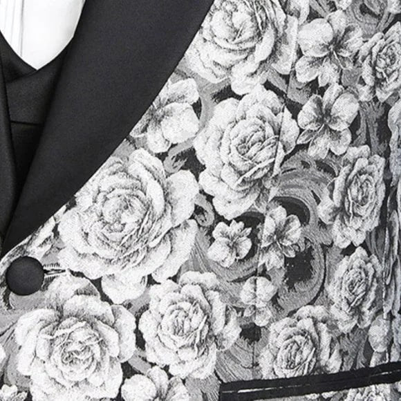 Monochrome Rose 3pc Tuxedo w/ Double Breasted Vest by Tazio - 38 Short Jacket+32 Waist Adjustable 28to34)(Height: 5 4 to5 7 )(Neck 15-16.5)S-M)