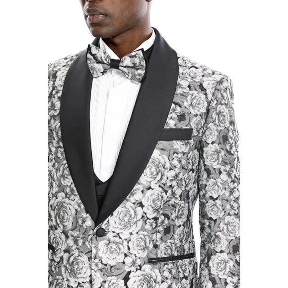 Monochrome Rose 3pc Tuxedo w/ Double Breasted Vest by Tazio - 38 Short Jacket+32 Waist Adjustable 28to34)(Height: 5 4 to5 7 )(Neck 15-16.5)S-M)